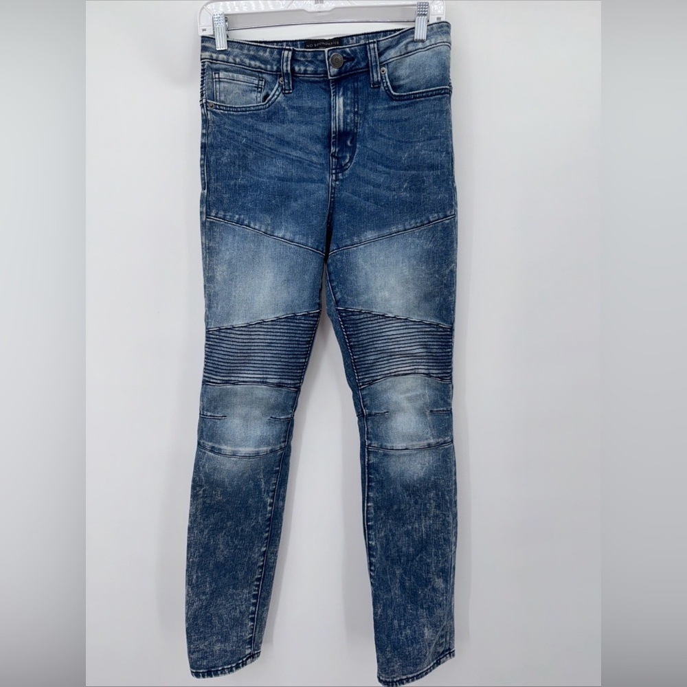 No Boundaries Grunge Moto Biker Jeans Women’s Sz 30X32 Blue Dark Washed Slim Fit